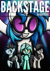 Size: 1240x1754 | Tagged: safe, artist:rambopvp, derpibooru import, lyra heartstrings, neon lights, octavia melody, rising star, vinyl scratch, fanfic, backstage, cover art, fanfic art