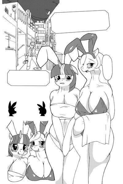 Size: 1024x1536 | Tagged: anthro, artist:snk, big breasts, breasts, bunny ears, bunnylestia, bunny suit, busty princess celestia, busty twilight sparkle, cleavage, clothes, comic, derpibooru import, doujin, female, grayscale, leotard, monochrome, preview, princess celestia, questionable, speech bubble, twilight sparkle