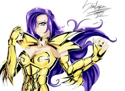 Size: 1024x744 | Tagged: armor, artist:arkanyareth, derpibooru import, gold cloth, gold saint, human, humanized, pisces, rarity, safe, saint seiya, solo