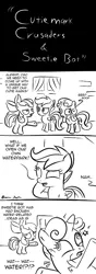 Size: 350x1000 | Tagged: apple bloom, artist:mysticolt, comic, cutie mark crusaders, derpibooru import, lineart, monochrome, safe, scootaloo, sweetie belle, sweetie bot