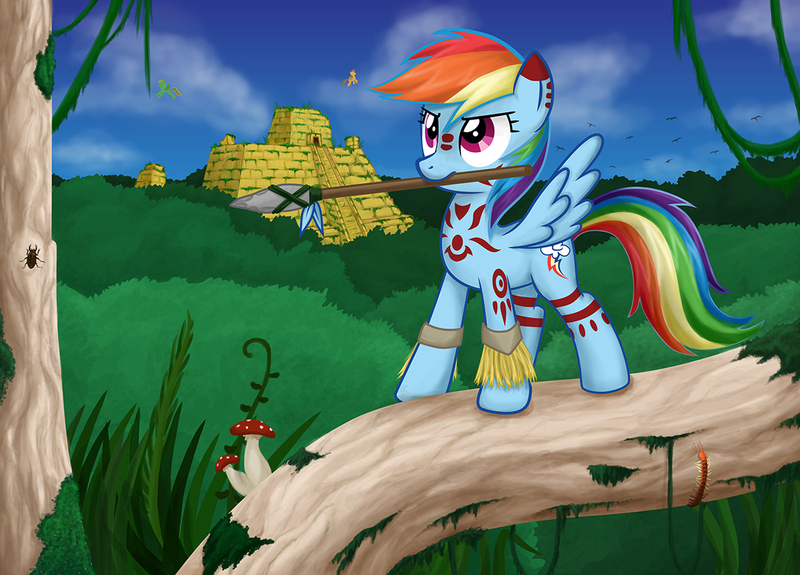 Size: 1150x827 | Tagged: artist:obcor, barbarian, bodypaint, bracelet, derpibooru import, jungle, mayan, mouth hold, paint on fur, pyramid, rainbow dash, safe, spear, spread wings, straw, tribal