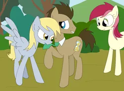 Size: 1151x853 | Tagged: safe, artist:hyolark, derpibooru import, derpy hooves, doctor whooves, roseluck, time turner, pegasus, pony, doctor whooves gets all the mares, doctorderpy, female, jealous, love triangle, male, mare, shipping, straight
