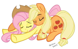 Size: 2000x1253 | Tagged: safe, artist:grayflower, derpibooru import, applejack, fluttershy, pony, accessory swap, appleshy, cuddling, cute, eyes closed, female, hug, lesbian, prone, resting, shipping, sleeping, smiling, snuggling