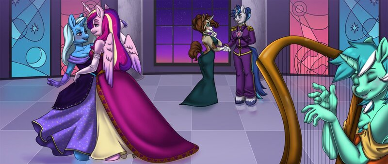 Size: 1280x541 | Tagged: anthro, artist:blithedragon, blushing, breasts, busty lyra heartstrings, busty trixie, cleavage, clothes, dancing, dress, female, gleaming shield, harp, lesbian, lyra heartstrings, musical instrument, oc, open-back dress, princess cadance, rule 63, safe, shining armor, shipping, tridance, trixie, uniform