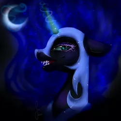 Size: 2000x2000 | Tagged: artist:saoiirse, derpibooru import, eyelashes, fangs, nightmare moon, painting, portrait, safe, solo