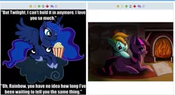 Size: 513x279 | Tagged: safe, derpibooru import, princess luna, rainbow dash, twilight sparkle, twilight sparkle (alicorn), alicorn, pony, derpibooru, exploitable meme, female, juxtaposition, juxtaposition win, lesbian, mare, meme, meta, shipping, twidash