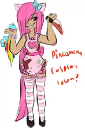 Size: 355x531 | Tagged: apron, artist:plumsweet, blood, clothes, derpibooru import, eared humanization, fanfic:cupcakes, human, humanized, knife, pinkamena diane pie, pinkie pie, safe, socks, solo, striped socks, tailed humanization