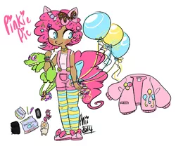 Size: 500x415 | Tagged: artist:plumsweet, balloon, clothes, derpibooru import, eared humanization, gummy, human, humanized, jacket, overalls, pet, pinkie pie, safe, socks, striped socks, suspenders, tailed humanization