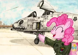 Size: 2251x1613 | Tagged: a-10 thunderbolt ii, aircraft, air force, artist:buckweiser, clothes, derpibooru import, detailed, gau-8, gummy, implied brrrrt, implied gummy, major, military, pinkie pie, plane, rainbow dash, safe, solo, traditional art, uniform