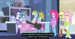 Size: 1600x830 | Tagged: safe, derpibooru import, screencap, applejack, fluttershy, pinkie pie, rainbow dash, rarity, vinyl scratch, equestria girls, guitar centered, rainbow rocks, humane five, italian, meme, youtube caption