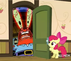 Size: 925x800 | Tagged: apple bloom, apple closet, derpibooru import, exploitable meme, krab borg, meme, mr. krabs, my eyes, safe, spongebob squarepants