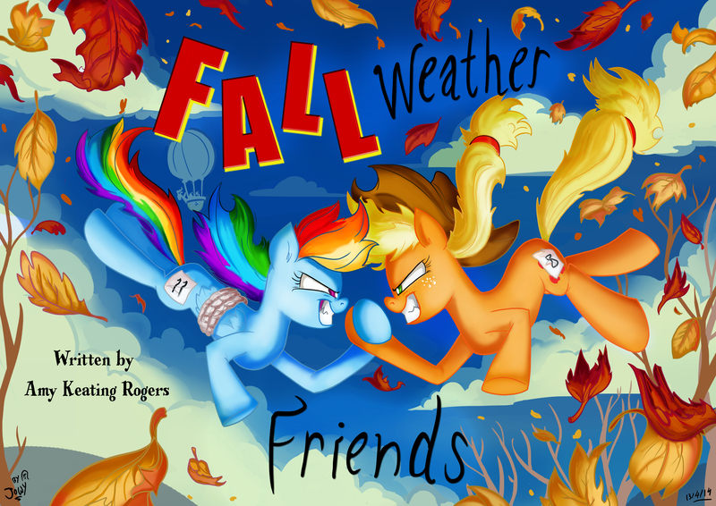 Size: 3508x2480 | Tagged: safe, artist:jowybean, derpibooru import, applejack, rainbow dash, fall weather friends, bound wings, hoofwrestle, title card