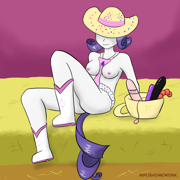 Size: 1000x1000 | Tagged: 30 minute art challenge, anthro, artist:empyu, basket, boots, breasts, derpibooru import, dildo, female, hat, human facial structure, nipples, nudity, questionable, rarity, rhinestone rarihick, sex toy, solo, solo female