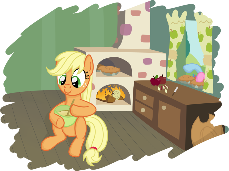 Size: 4047x3030 | Tagged: apple, applejack, apple pie, artist:moemneop, baking, batter, derpibooru import, fire, hatless, hoof hold, kitchen, missing accessory, oven, pie, pinkie pie, rainbow dash, safe, sitting, smiling, stealing, stirring