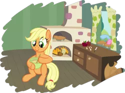 Size: 4047x3030 | Tagged: apple, applejack, apple pie, artist:moemneop, baking, batter, derpibooru import, fire, hatless, hoof hold, kitchen, missing accessory, oven, pie, pinkie pie, rainbow dash, safe, sitting, smiling, stealing, stirring