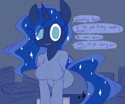 Size: 1280x1067 | Tagged: suggestive, artist:whoop, derpibooru import, princess luna, oc, oc:anon, anthro, breasts, busty princess luna, clothes, dialogue, female, implied erection, skirt, solo, solo female, speech bubble, sweater