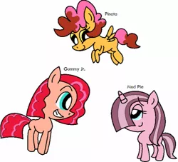 Size: 671x609 | Tagged: artist needed, safe, derpibooru import, oc, oc:gummy jr., oc:mud pie, oc:pinata, unofficial characters only, earth pony, pegasus, pony, unicorn, colt, filly, foal, male, next generation, offspring, parent:cheese sandwich, parent:pinkie pie, parents:cheesepie, twins
