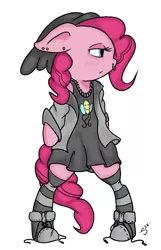 Size: 644x1001 | Tagged: safe, artist:silver1kunai, derpibooru import, pinkie pie, pony, bipedal, boots, clothes, grunge, hat, piercing, solo