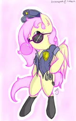 Size: 575x907 | Tagged: artist:silver1kunai, bubblegum, clothes, cuffs, derpibooru import, female, fluttershy, police, roleplaying, socks, solo, solo female, suggestive, sunglasses, uniform, whistle