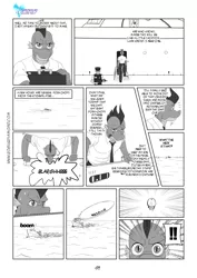 Size: 1200x1697 | Tagged: anthro, artist:pia-sama, comic, comic:rogue diamond, derpibooru import, gunboat, missile, monochrome, safe, spike, torpedo, vomit