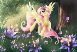 Size: 2969x2019 | Tagged: artist:wilvarin-liadon, butterfly, chest fluff, derpibooru import, flower, fluttershy, flying, safe, solo