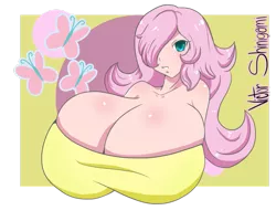 Size: 999x799 | Tagged: suggestive, artist:victorshinigami, derpibooru import, fluttershy, human, big breasts, breasts, busty fluttershy, female, huge breasts, humanized, impossibly large breasts, solo, solo female