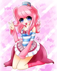 Size: 4800x6000 | Tagged: absurd resolution, artist:exceru-karina, blushing, clothes, cute, derpibooru import, diapinkes, dress, gala dress, human, humanized, kneeling, looking at you, open mouth, peace sign, pinkie pie, safe, skirt, smiling, socks, solo