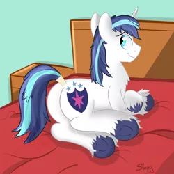 Size: 1280x1280 | Tagged: artist:siggyderp, bed, cute, derpibooru import, looking back, male, plot, sexy armor, shieldbutt, shining adorable, shining armor, solo, solo male, suggestive, tail wrap, underhoof, unshorn fetlocks