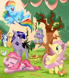 Size: 1037x1165 | Tagged: safe, artist:draxony, derpibooru import, idw, angel bunny, applejack, fluttershy, pinkie pie, rainbow dash, rarity, spike, twilight sparkle, birthday cake, burned, burned butt, cake, cover, image, jpeg, laughing, mane seven, mane six, trace