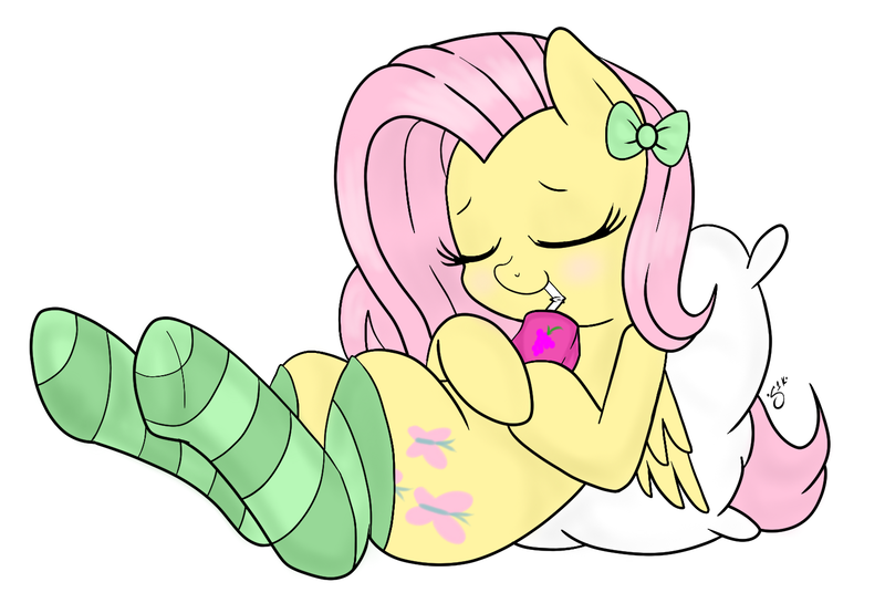 Size: 1500x1022 | Tagged: artist:silver1kunai, blushing, bow, clothes, cute, derpibooru import, fluttershy, hair bow, juice box, nap, pillow, safe, shyabetes, simple background, sleeping, socks, solo, striped socks, white background