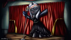 Size: 1440x810 | Tagged: safe, artist:jeffk38uk, derpibooru import, oc, oc:velvet remedy, unofficial characters only, pony, unicorn, fallout equestria, fanfic, clothes, dress, eyes closed, fanfic art, female, horn, mare, microphone, open mouth, singing, solo