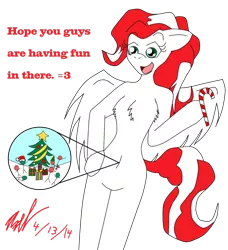 Size: 1024x1124 | Tagged: safe, artist:axel-dk64, derpibooru import, oc, oc:peppermint pattie, unofficial characters only, anthro, pegasus, belly button, bipedal, candy cane, chest fluff, christmas tree, close-up, dialogue, elf hat, garland, giant anthro, hat, licking, macro, micro, ornaments, present, santa hat, simple background, stars, stick figure, transparent background, tree, wat, zoomed in