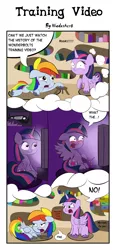 Size: 4500x9681 | Tagged: suggestive, artist:wadusher0, derpibooru import, rainbow dash, twilight sparkle, twilight sparkle (alicorn), alicorn, pony, testing testing 1-2-3, absurd resolution, blushing, comic, female, implied porn, mare, unshorn fetlocks, wingboner