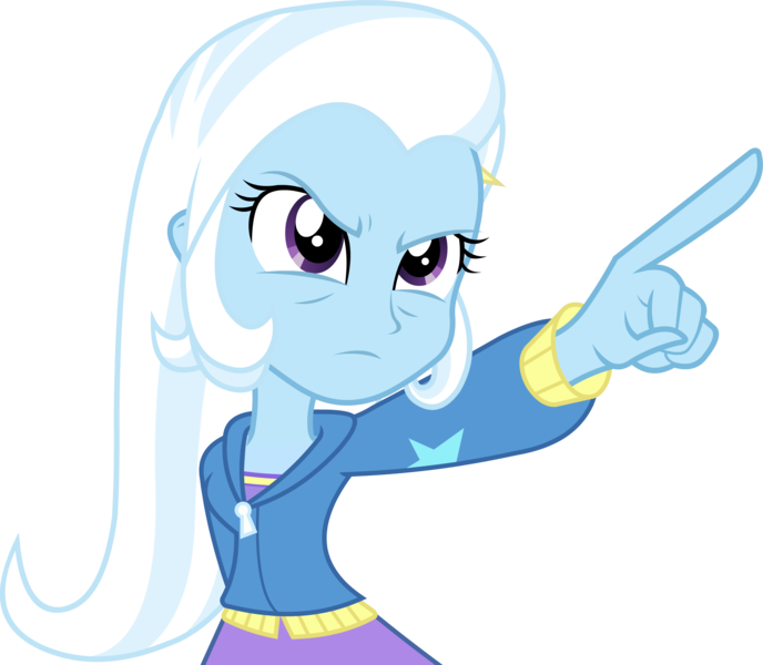 Size: 3485x3039 | Tagged: safe, artist:negasun, derpibooru import, trixie, equestria girls, rainbow rocks, angry, barrette, clothes, dress, female, frown, hairclip, hairpin, high res, hoodie, pointing, pointing trixie, simple background, solo, transparent background, upset, vector