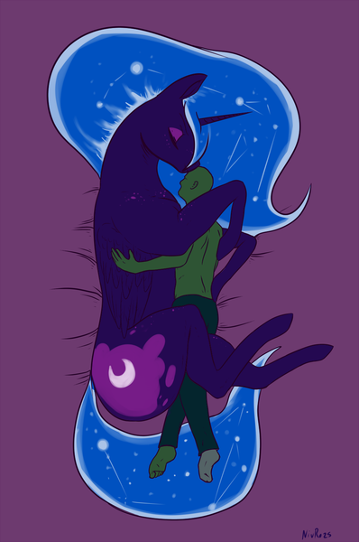 Size: 1000x1509 | Tagged: safe, artist:nivrozs, derpibooru import, nightmare moon, oc, oc:anon, human, pony, barefoot, cuddling, eyes closed, feet, giant pony, heightmare moon, hug, human on pony snuggling, my big pony, nicemare moon, pony sized pony, side, size difference, sleeping, snuggling