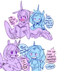 Size: 800x1000 | Tagged: suggestive, artist:costly, derpibooru import, trixie, twilight sparkle, twilight sparkle (alicorn), human, book, breasts, comic, dialogue, eared humanization, female, horned humanization, humanized, lesbian, shipping, twixie, winged humanization