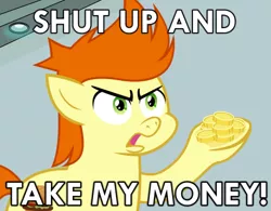 Size: 500x389 | Tagged: safe, artist:cheezedoodle96, derpibooru import, gallop j. fry, pony, background pony, caption, colt, futurama, male, meme, philip j. fry, reaction image, shut up and take my money, solo, vector