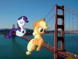 Size: 1024x768 | Tagged: safe, artist:cthulhuandyou, artist:somerandomminion, artist:sunran80, derpibooru import, applejack, rarity, pony, giant pony, giantess, golden gate bridge, highrise ponies, irl, macro, photo, photomanipulation, photoshop, ponies in real life, san francisco, sitting, vector