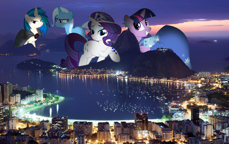 Size: 1247x787 | Tagged: safe, artist:boomersimon, artist:namelesshero2222, artist:somerandomminion, artist:thehellbean, artist:up1ter, derpibooru import, rarity, trixie, twilight sparkle, vinyl scratch, pony, unicorn, brazil, carnival, clothes, cutie mark, dress, female, gala dress, giant pony, giantess, highrise ponies, hooves, horn, irl, macro, mare, night, photo, photoshop, ponies in real life, rio de janeiro, smiling, teeth, vector