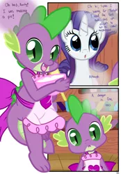 Size: 1741x2500 | Tagged: safe, artist:pyruvate, derpibooru import, rarity, spike, dragon, pony, unicorn, comic:dragon queen, a cat is fine too, apron, clothes, comic, cute, naked apron, spikabetes, this will end in jail time, this will end in tears
