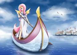 Size: 701x496 | Tagged: aria, artist:i_pup, boat, clothes, derpibooru import, fluttershy, gondola, hairpin, human, humanized, long skirt, looking at you, pixiv, safe, skirt, solo, tailed humanization, winged humanization