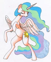 Size: 1024x1236 | Tagged: safe, artist:ihmislehma, derpibooru import, princess celestia, dancing, eyes closed, solo, traditional art