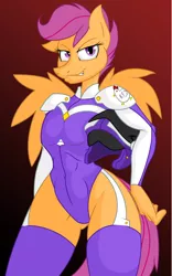 Size: 960x1536 | Tagged: suggestive, artist:lil miss jay, derpibooru import, edit, scootaloo, anthro, abs, breasts, delicious flat chest, female, leotard, scootachicken, scootaflat, solo, solo female, underass