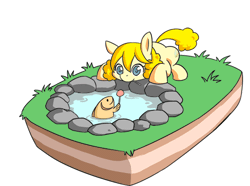 Size: 500x372 | Tagged: animated, artist:congee-painting, behaving like a dog, blinking, cute, derpibooru import, dirt cube, eyes on the prize, fish, lollipop, oc, oc:chidey, pond, prone, safe, smiling, tail wag, temptation, unofficial characters only