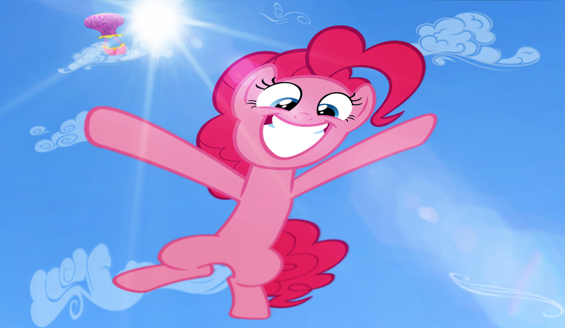 Size: 1980x1152 | Tagged: artist:flare-chaser, cloud, falling, grin, happy, hot air balloon, jumping, lens flare, looking at you, pinkie pie, plummet, safe, sky, skydive, skydiving, smiling, solo, squee, sun, this will end in pain