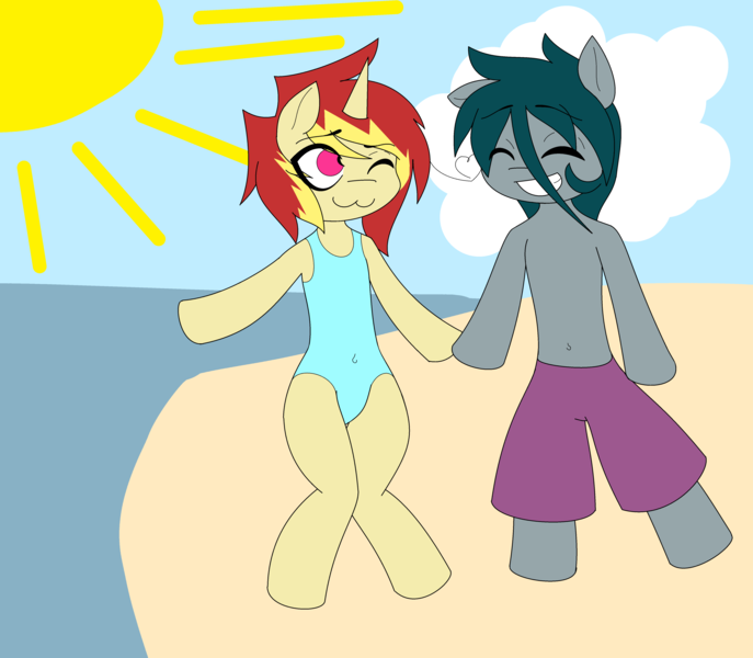 Size: 4784x4176 | Tagged: safe, artist:lights-bane, derpibooru import, oc, unofficial characters only, pony, semi-anthro, unicorn, absurd resolution, beach, bipedal, eyes closed, wink