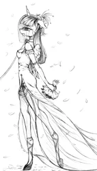 Size: 489x863 | Tagged: anthro, artist:madhotaru, bouquet, breasts, clothes, collar, crying, derpibooru import, dress, evening gloves, female, floppy ears, flower, flower in hair, forced, forced wedding, frown, gritted teeth, leash, monochrome, petals, sandals, see-through, semi-grimdark, sketch, solo, twilight sparkle, twilight sparkle (alicorn), unguligrade anthro, veil, walking, wedding, wedding dress