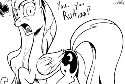 Size: 1280x865 | Tagged: safe, artist:cs, derpibooru import, princess luna, alicorn, pony, female, frown, grayscale, heart, looking at you, looking back, mare, monochrome, moonbutt, open mouth, plot, raised hoof, raised leg, ruffian, simple background, solo, tongue out, white background, wide eyes