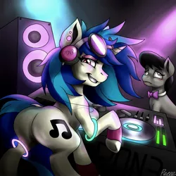 Size: 2400x2400 | Tagged: anklet, artist:whitepone, bedroom eyes, blushing, dock, earring, eyeroll, frown, glowstick, grin, headphones, looking at you, looking back, octavia melody, plot, raised hoof, raised tail, safe, smiling, speakers, turntable, unamused, underhoof, vinyl scratch, wristband