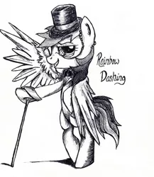 Size: 2295x2644 | Tagged: artist:navigatoralligator, bipedal leaning, cane, classy, clothes, derpibooru import, grayscale, grin, hat, looking at you, monochrome, monocle, necktie, rainbow dash, safe, smiling, solo, spread wings, suit, top hat